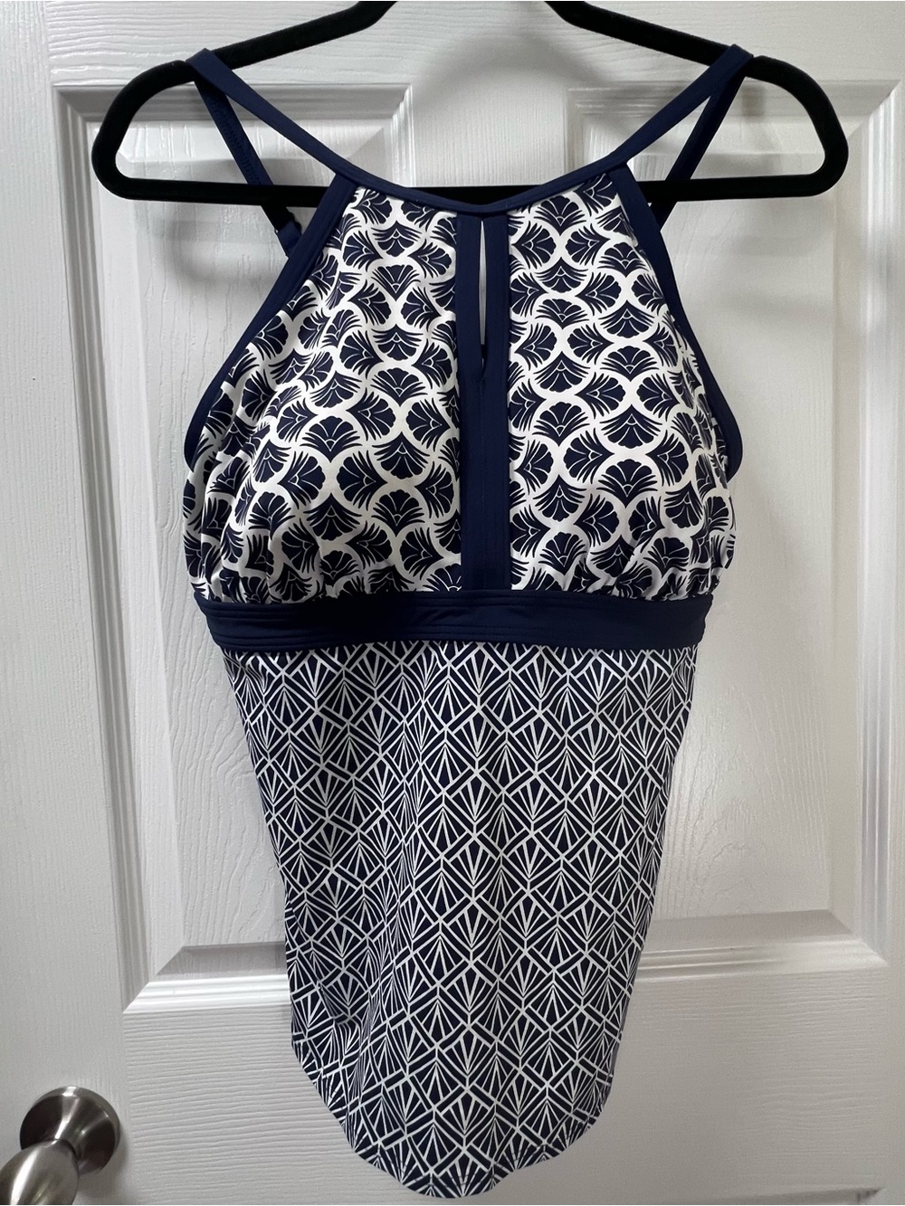 Lands' End Women's Keyhole High Neck Tankini Top Navy Blue White Size 12
